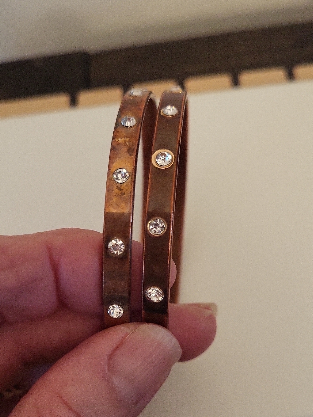 2 Rhinestone-Studded Copper Tone Bangle Bracelets - Picture 3 of 7